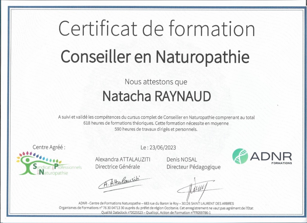 photo diplome CADENCE NATURELLE- NATACHA RAYNAUD