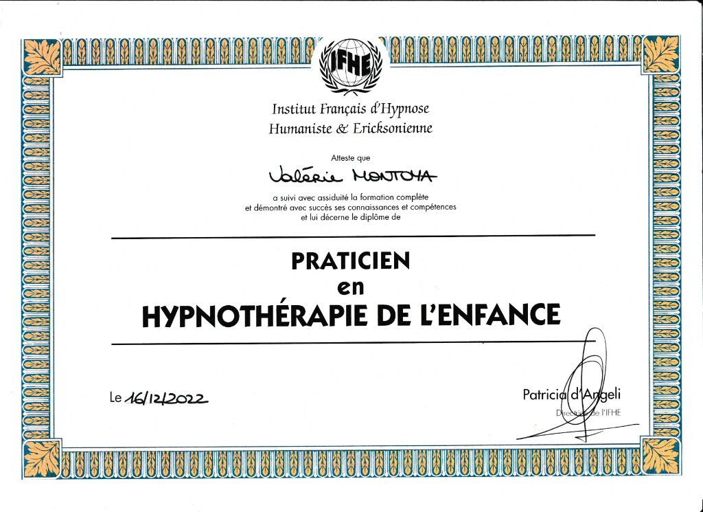 photo diplome Budynek Valerie Hypnose enfants adultes ados