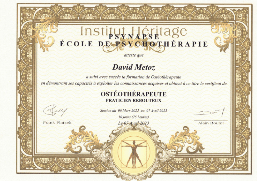 photo diplome David Metoz - Thérapeute psycho-corporel - SOMA