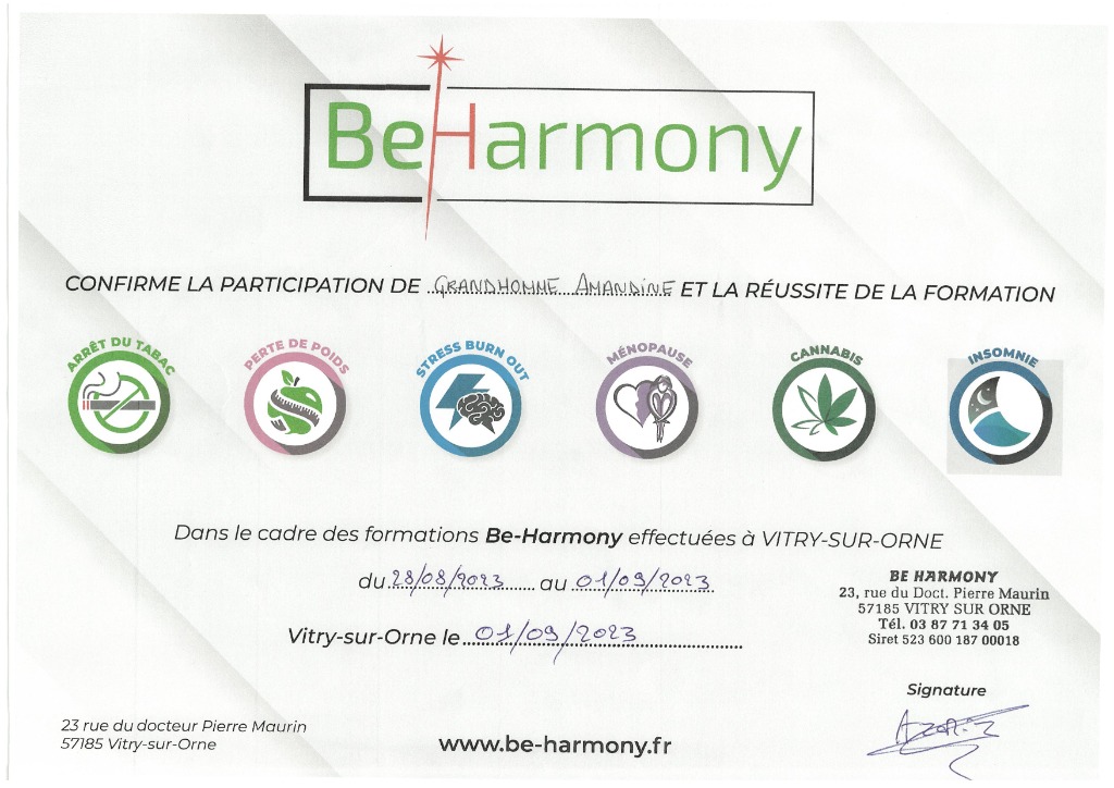 photo diplome Arrêtez de Fumer avec BeHarmony Puttelange