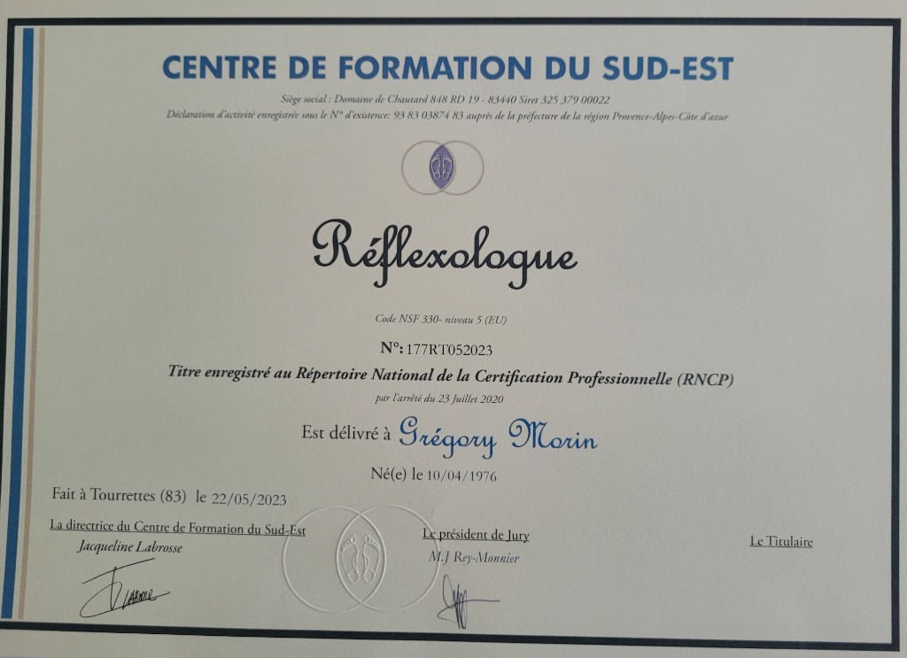 photo diplome BEGOOD RÉFLEXOLOGIE 