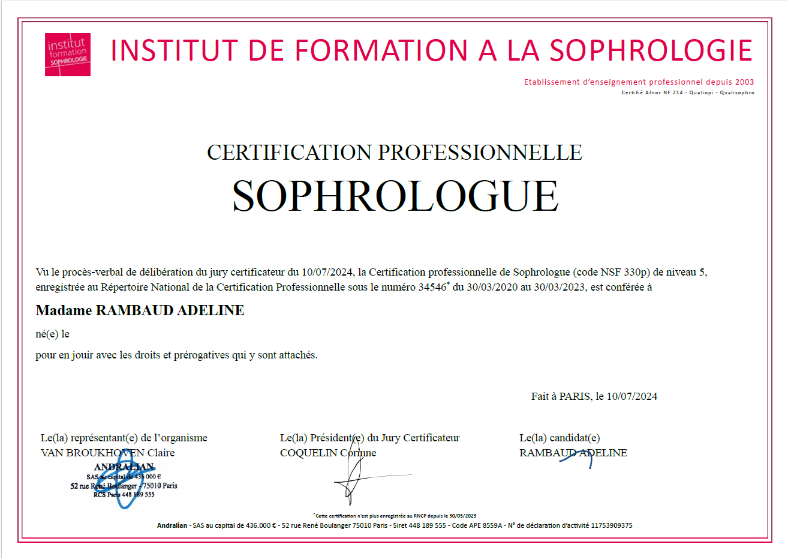 photo diplome Adeline Rambaud - Sophro et Co