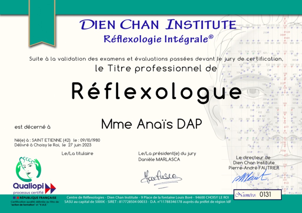 photo diplome Réflexologie intégrale DIEN CHAN
