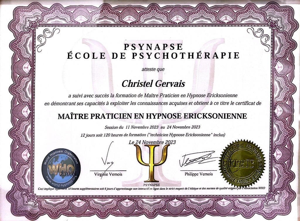photo diplome Christel GERVAIS Hypnothérapeute