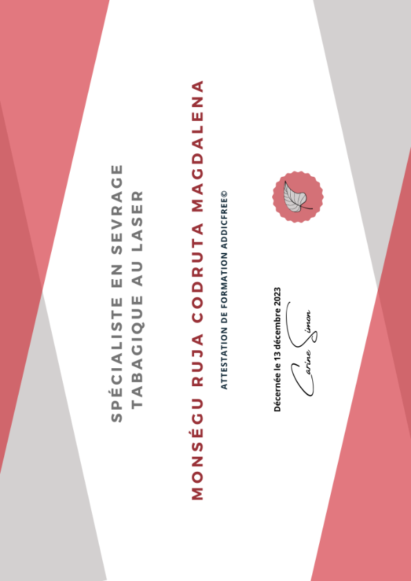 photo diplome Magdalena MONSÉGU - SERENITY LASER THERAPIE 