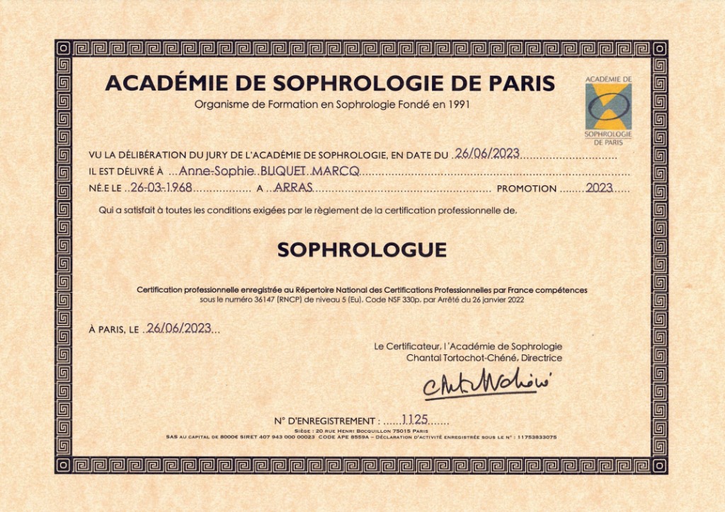 photo diplome Anne-Sophie MARCQ "Un Pas Vers Soi"