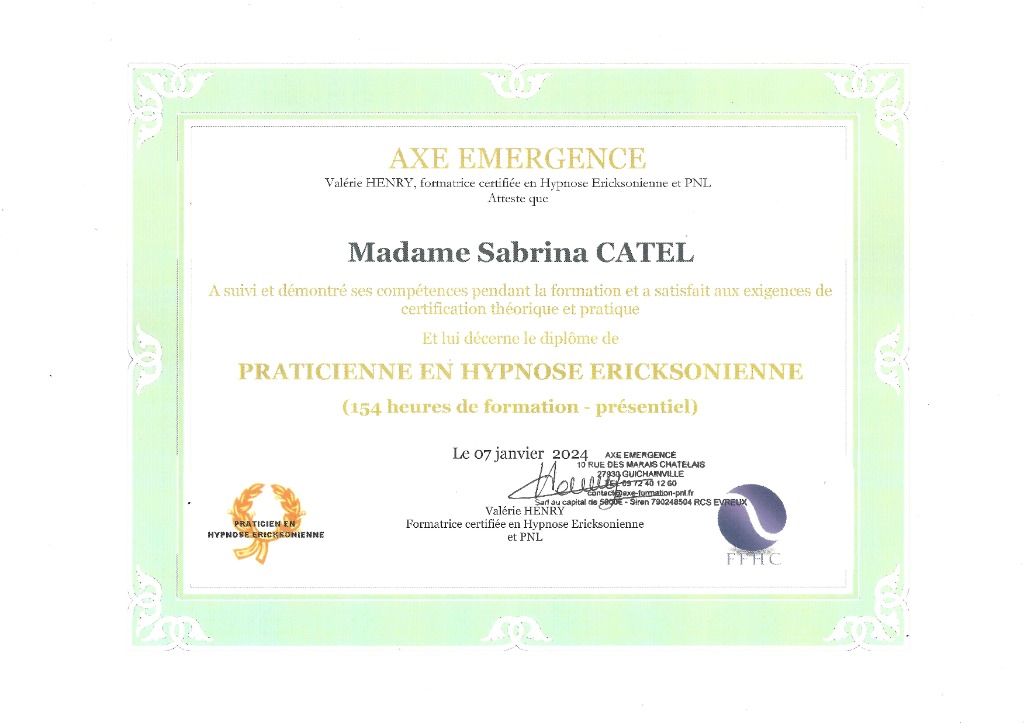 photo diplome Cap Liberté EI - Sabrina CATEL- hypnothérapeuthe