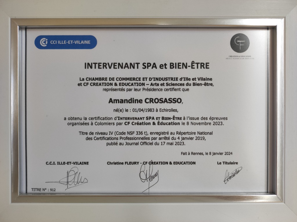 photo diplome Étincelle Bien Être Carpe Diem