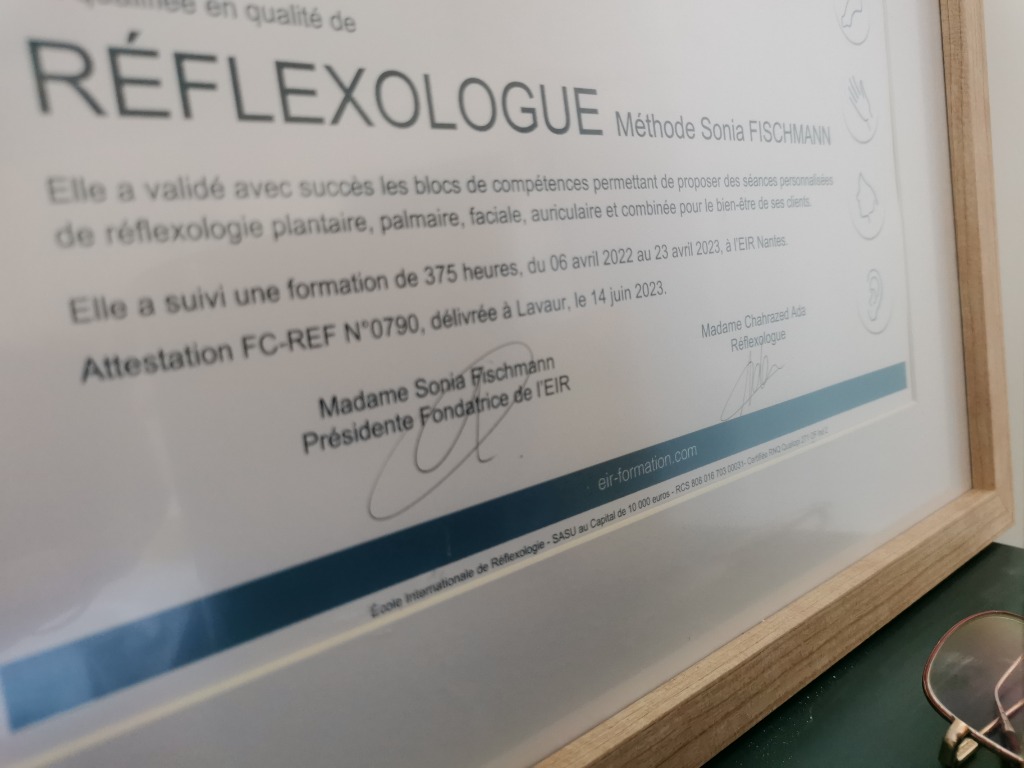 photo diplome Plénitude Réflexologie