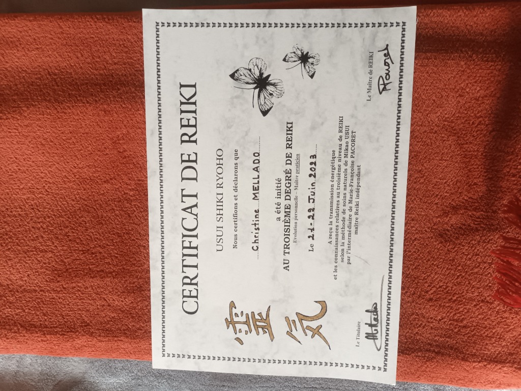 photo diplome Christine Mellado Maître praticien Reiki shinpiden