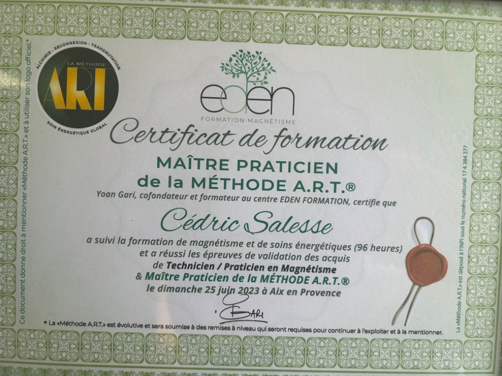 photo diplome Cedric SLS Magnétiseur