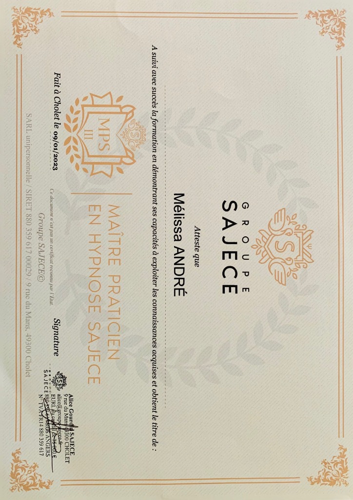 photo diplome M.A - Ici & Maintenant - Hypnose Sajece et Cie
