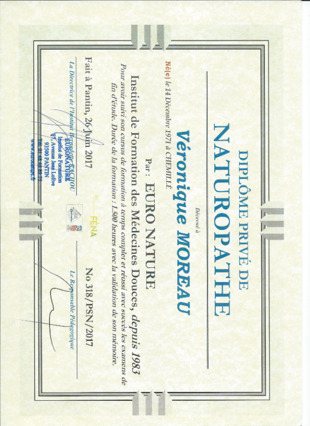 photo diplome Véronique MOREAU Naturopathe certifiée AFNAT