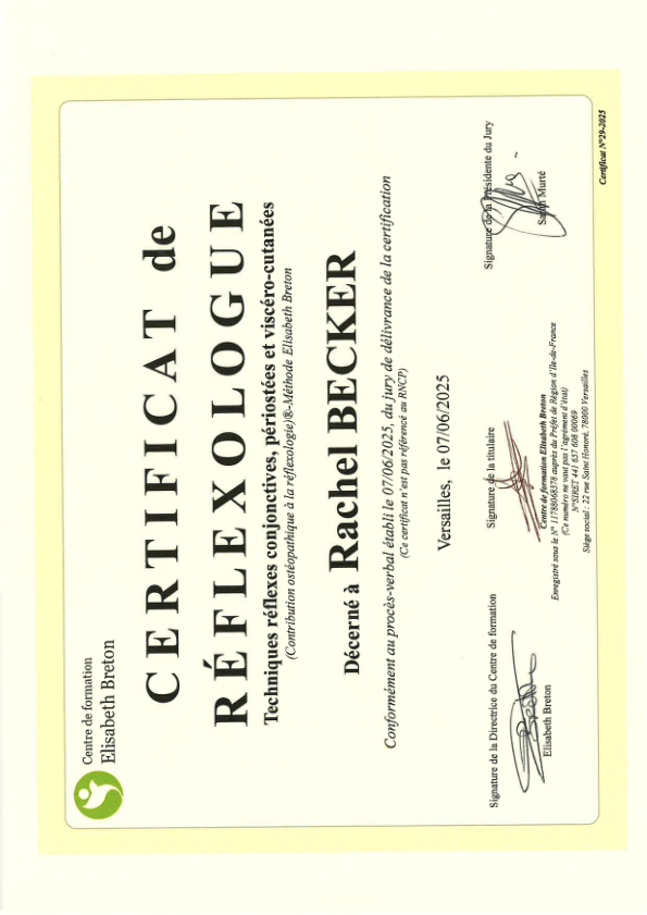 photo diplome Rachel Becker Réflexologue EI