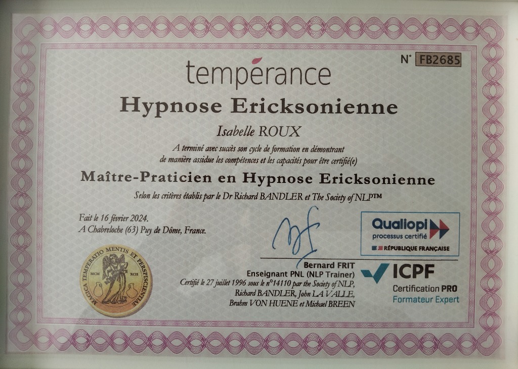 photo diplome Isabelle Roux Gaillard- Vallières hypnose