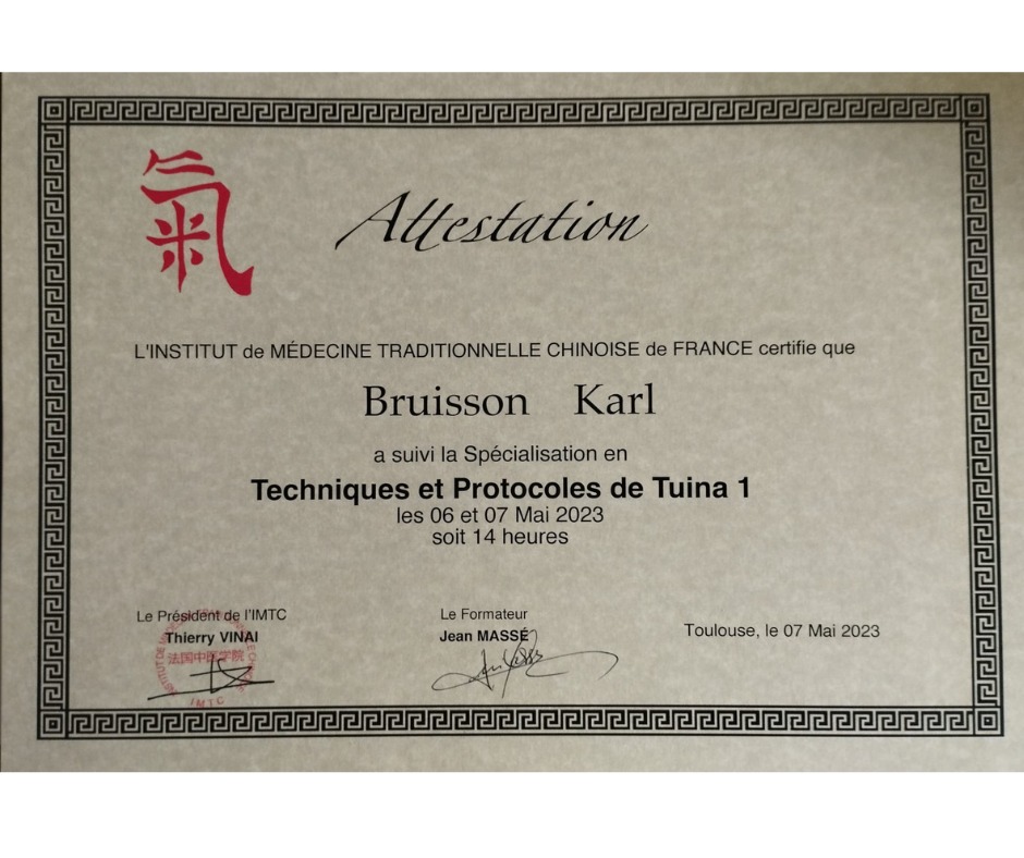 photo diplome Institut tuina massage