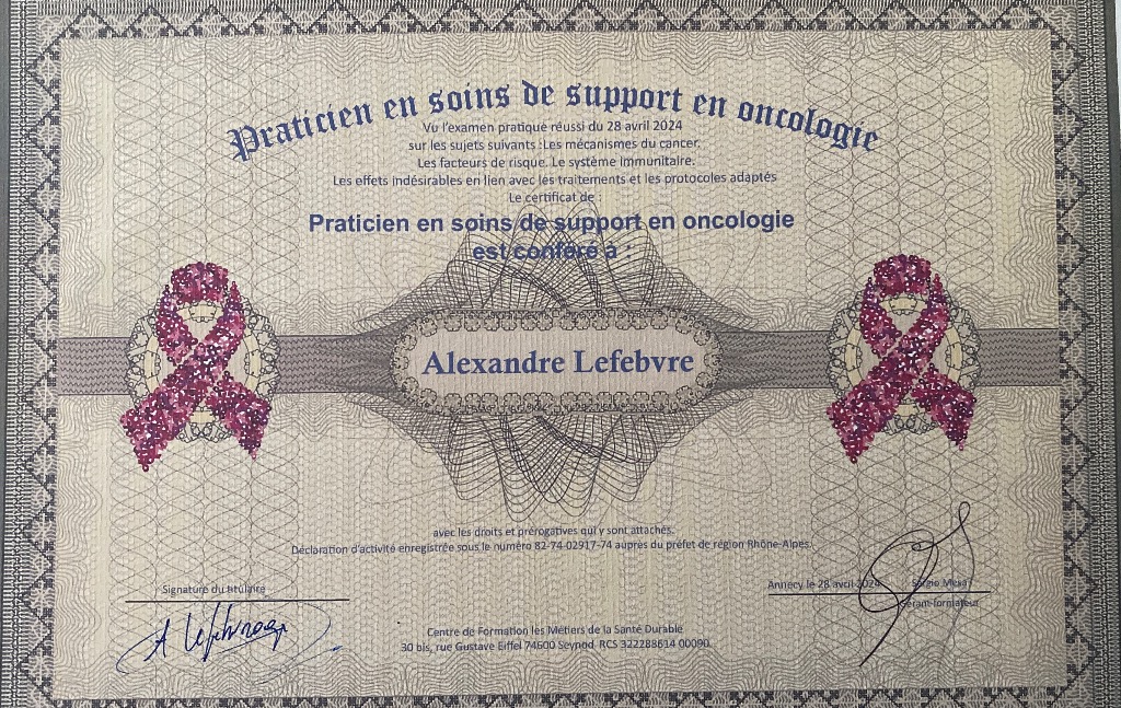 photo diplome Alexandre Lefebvre, réflexologue certifié