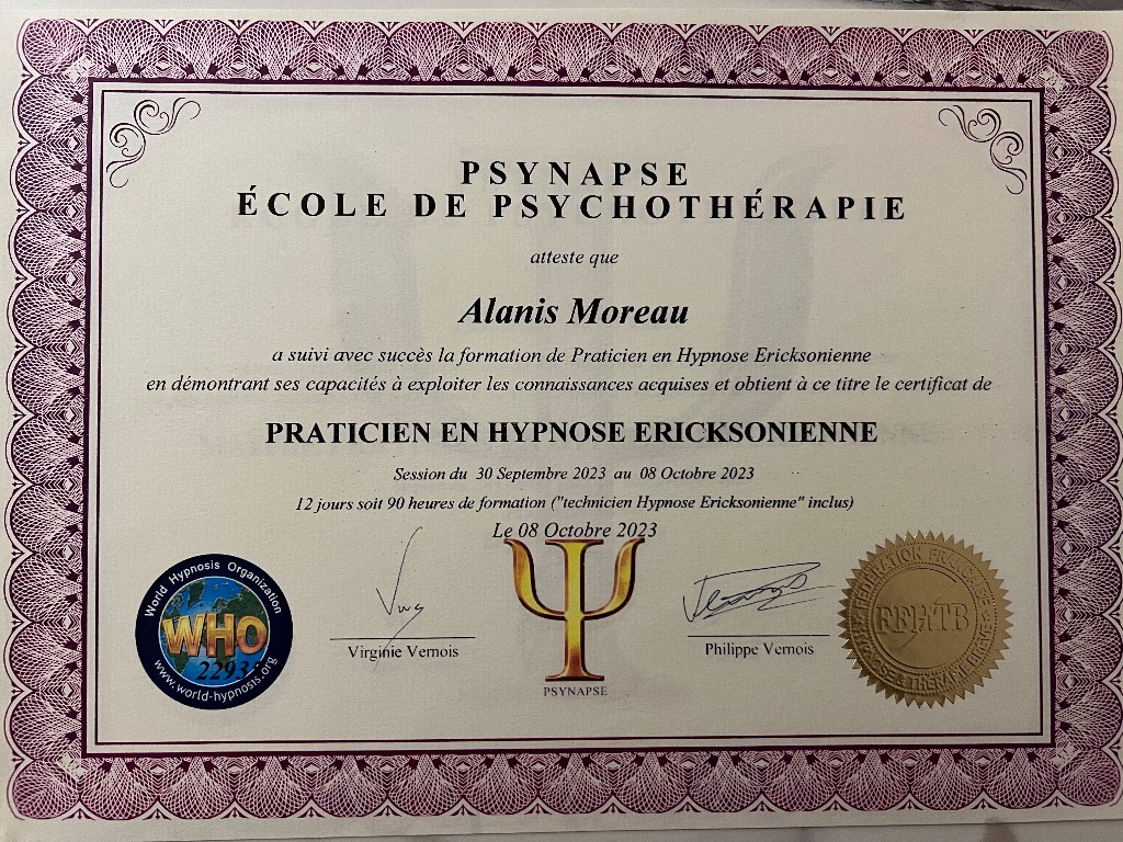 photo diplome AME LIBRE THERAPIE 