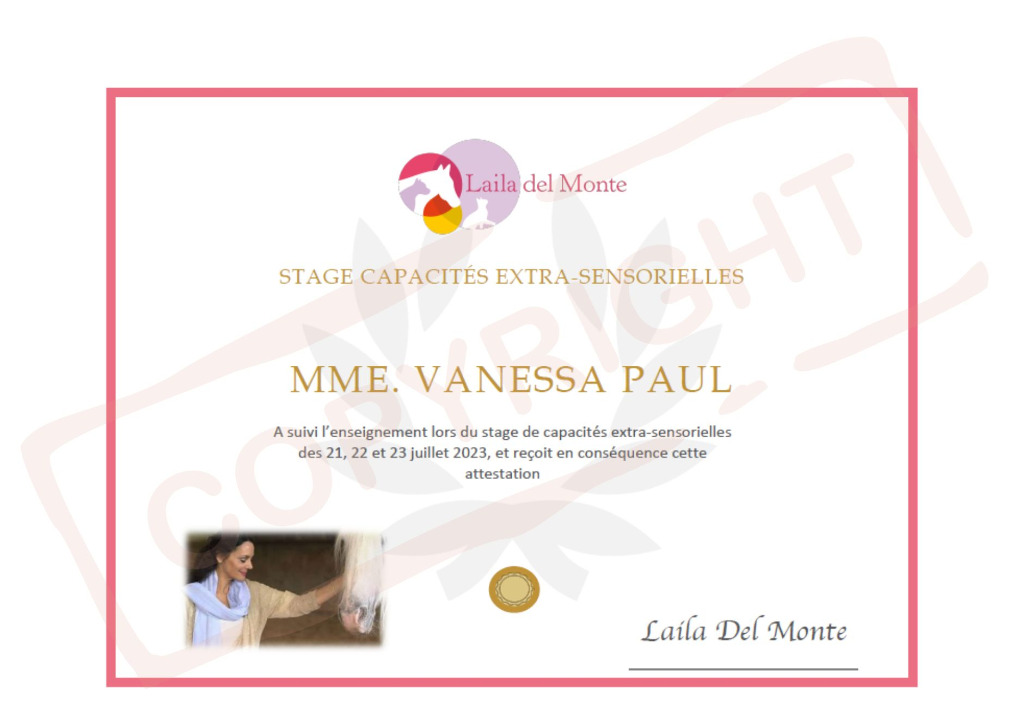 photo diplome Vanessa Communication Animale