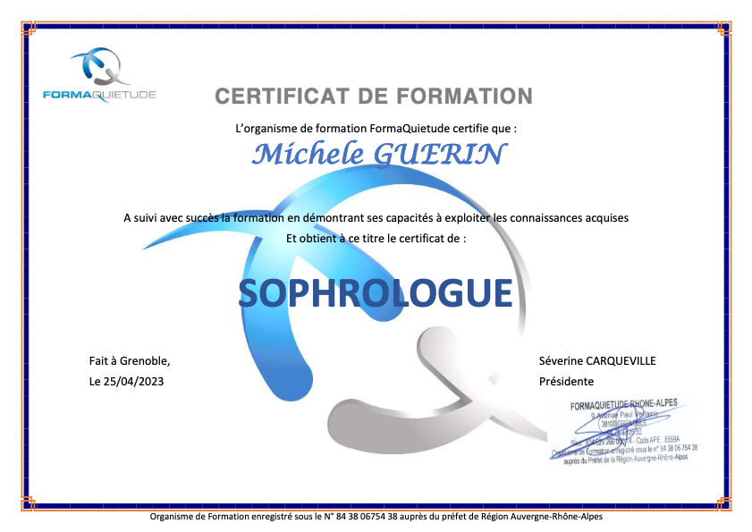 photo diplome Michèle Guerin Sophrologie et Hypnose
