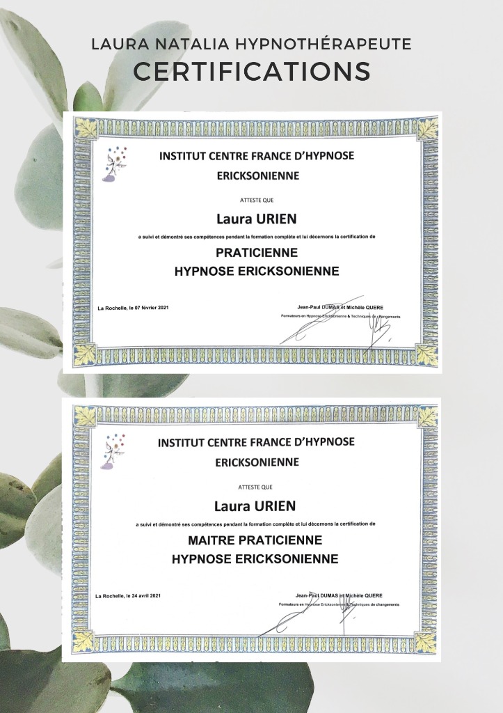 photo diplome Laura Natalia Hypnothérapeute 