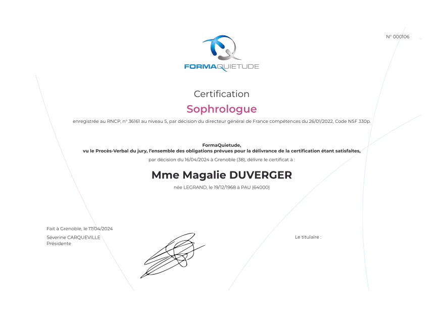 photo diplome Cabinet Sophrozen Magalie Duverger