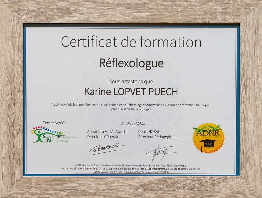 photo diplome Karine Réflexologue Gaillac