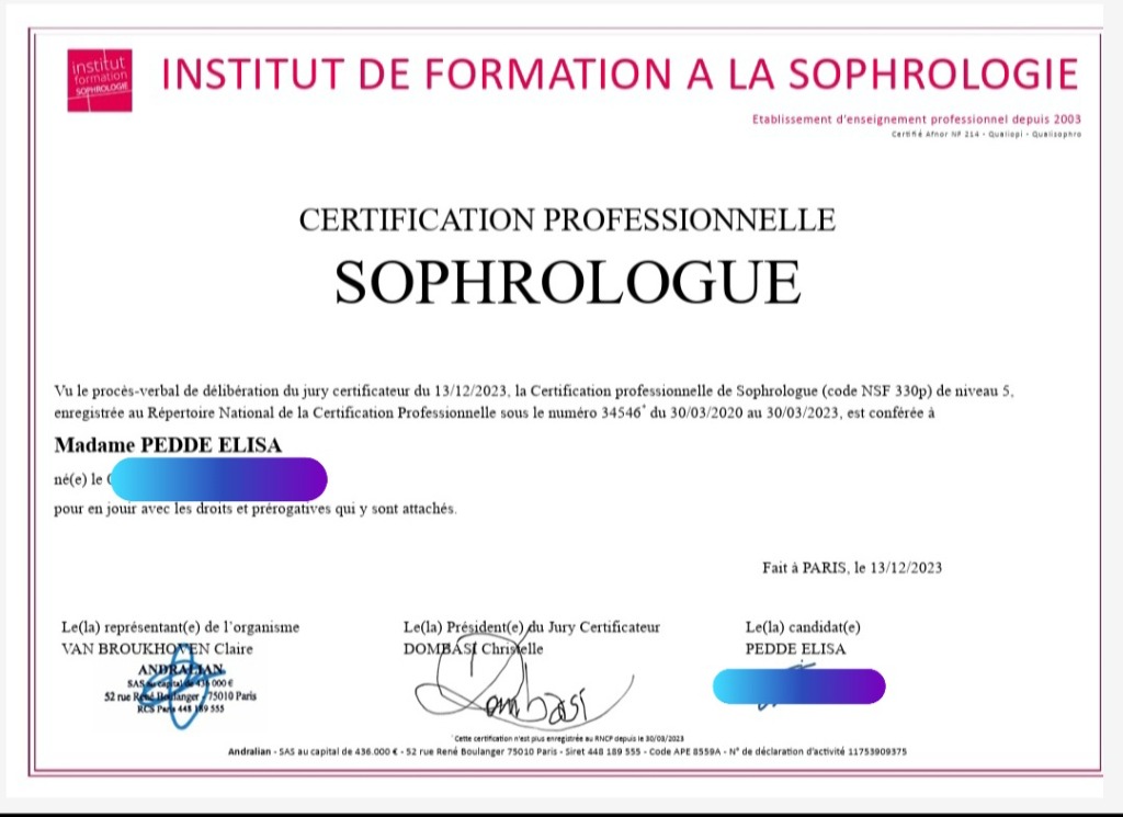 photo diplome ELISA PEDDE SOPHROLOGUE E.I CERTIFIÉE RNCP