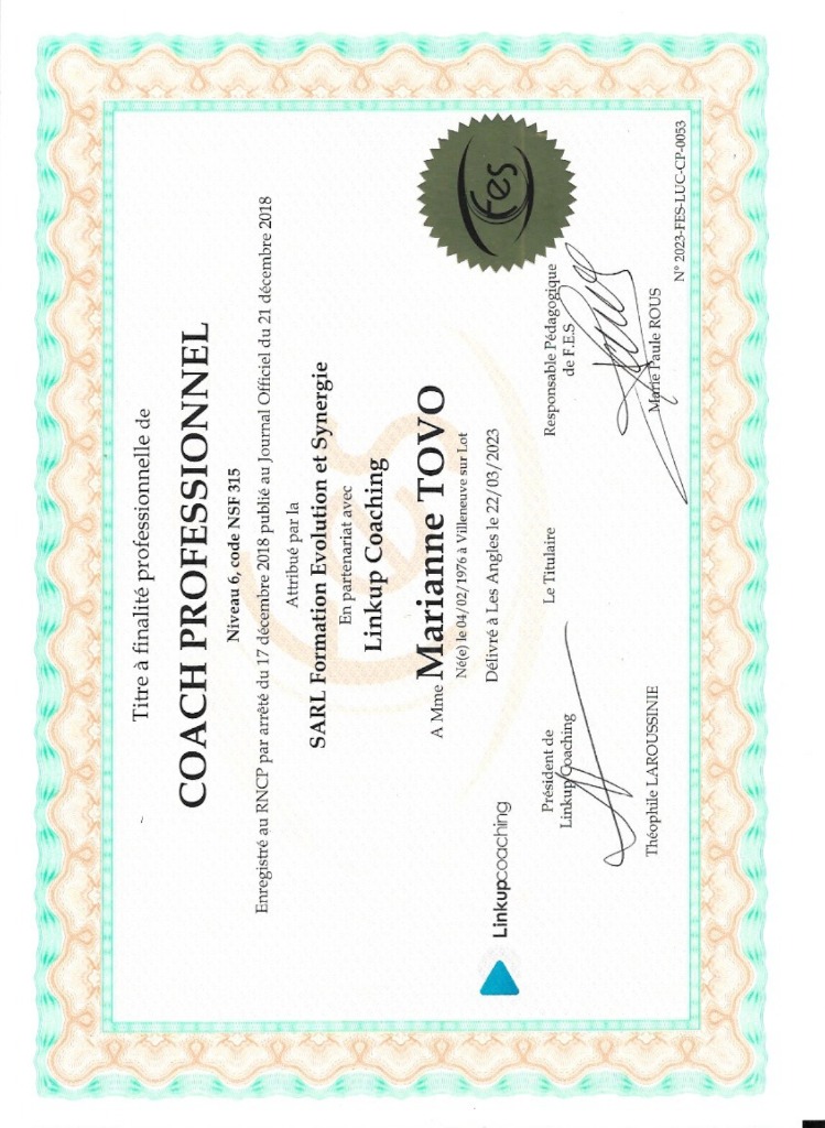 photo diplome Tovo Marianne Hypnothérapeute-Coach-PNL