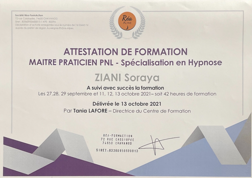 photo diplome Soraya Ziani,  hypnose, magnétisme & coach