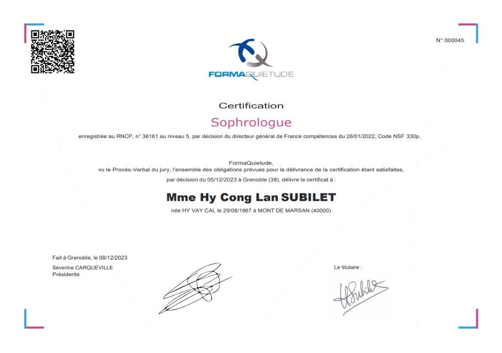 photo diplome Marguerite SUBILET - sophrologue