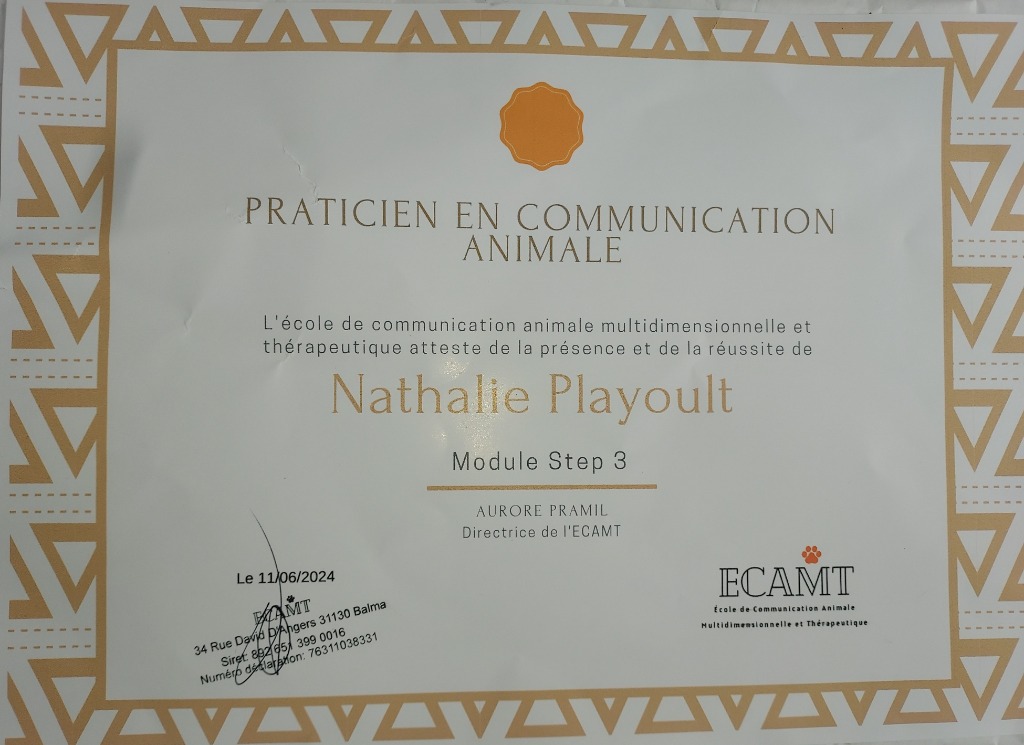 photo diplome Nathalie a l’écoute des animaux 