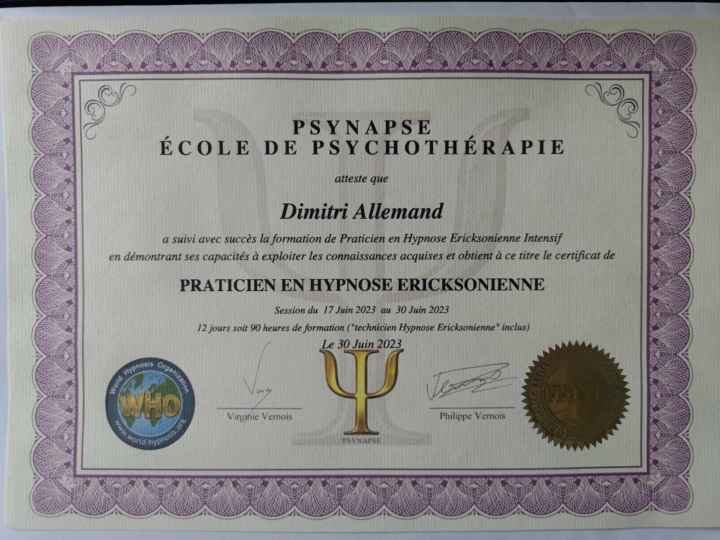 photo diplome Dimitri Allemand / DA - Thérapies