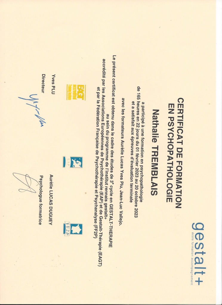 photo diplome Nathalie Tremblais Gestalt Thérapeute 