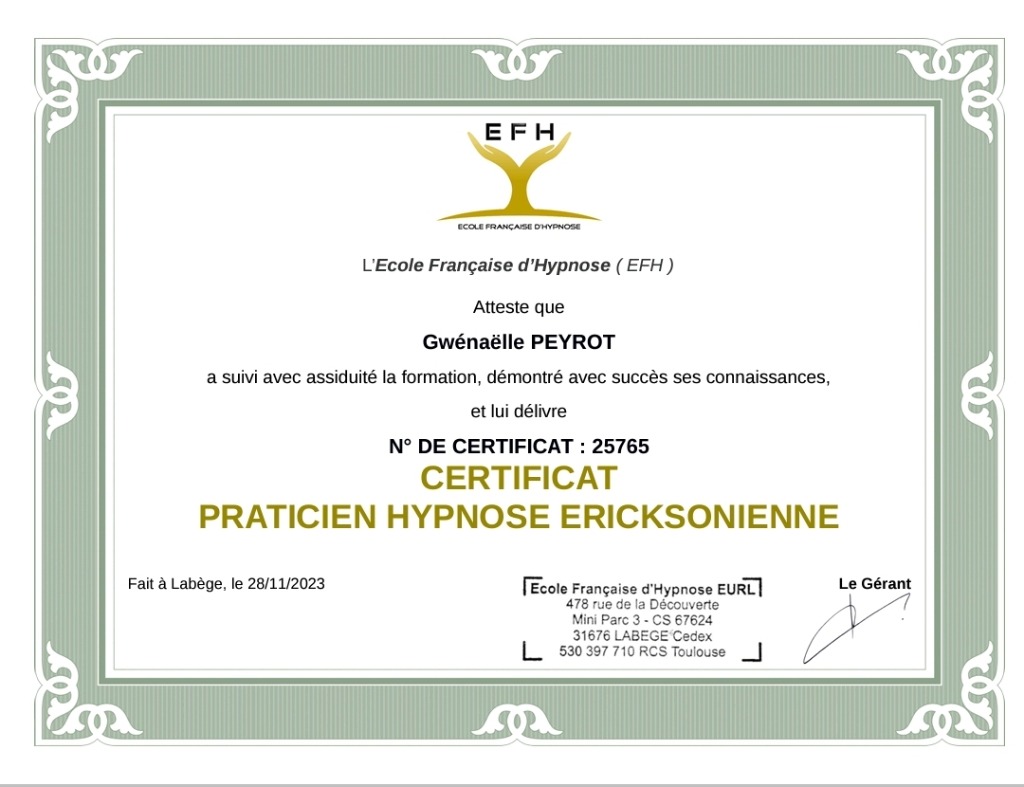 photo diplome Psychopraticienne Soi, Nature et Énergie