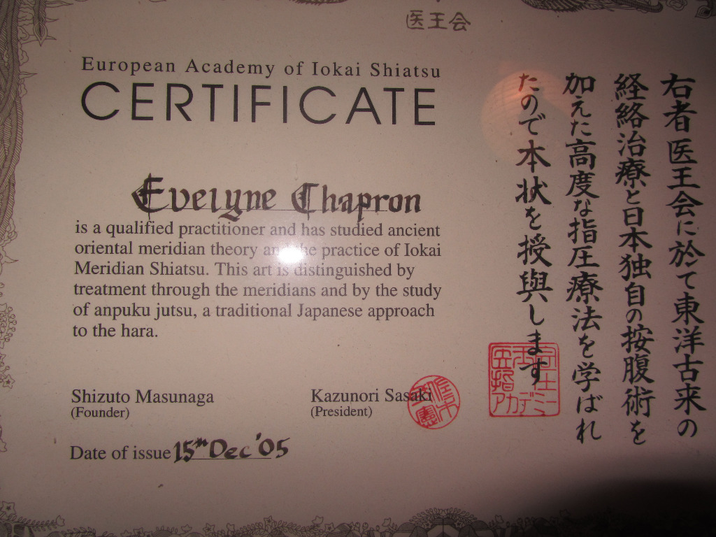 photo diplome École Iokai Shiatsu Bretagne