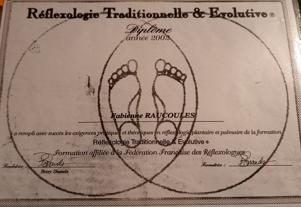 photo diplome Fabienne Raucoules Réflexologue