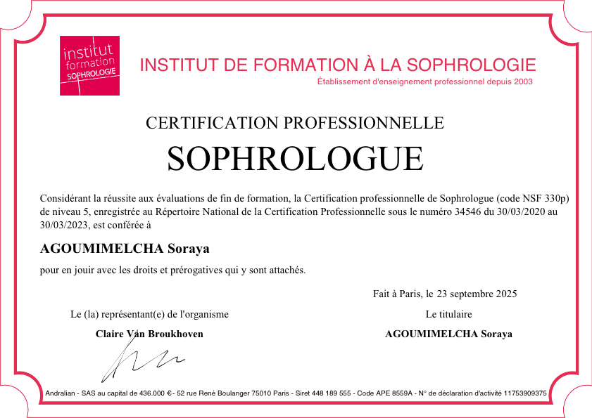 photo diplome Soraya Agoumimelcha - Sophrologue à Six-Fours
