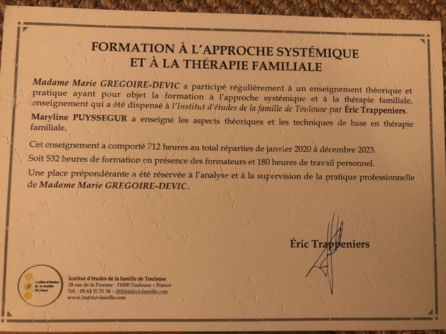 photo diplome Marie Grégoire-Devic - Thérapie couple / famille 
