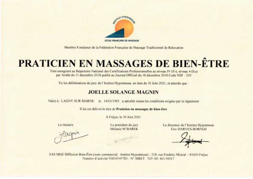 photo diplome L’Arbre de Vie - Massages sur-mesure & Reiki