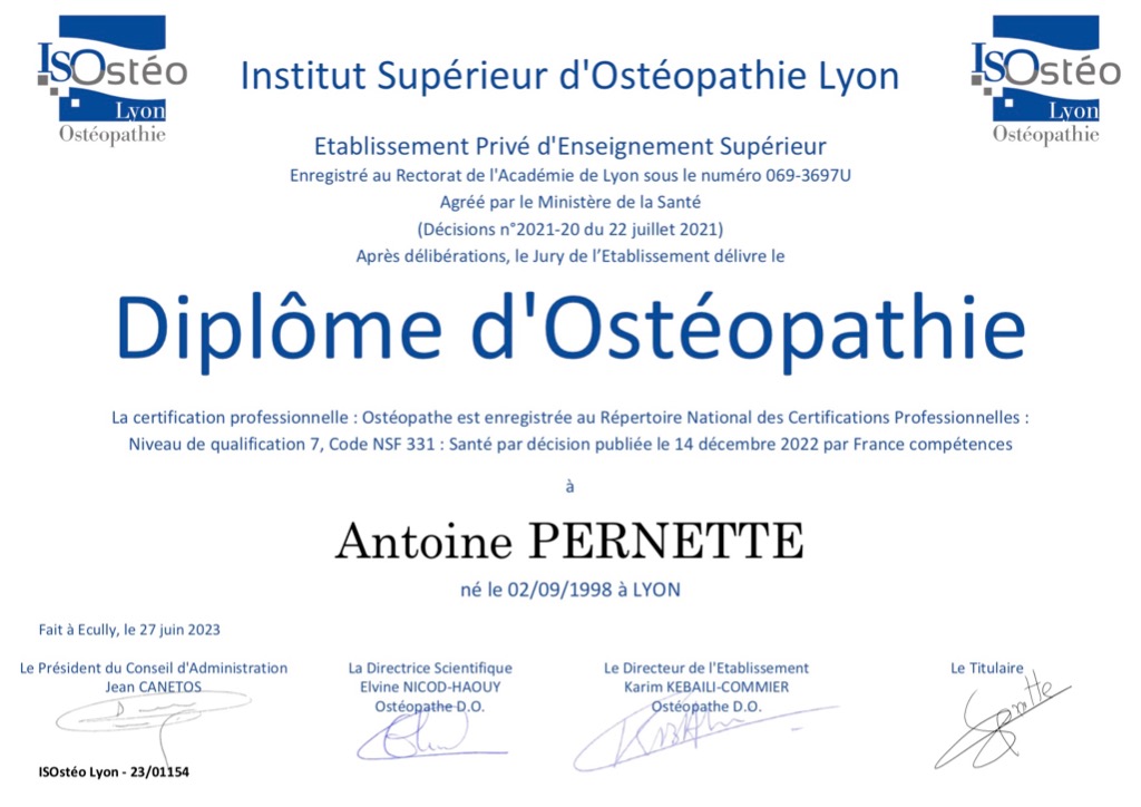 photo diplome Antoine Pernette - Ostéopathe D.O.