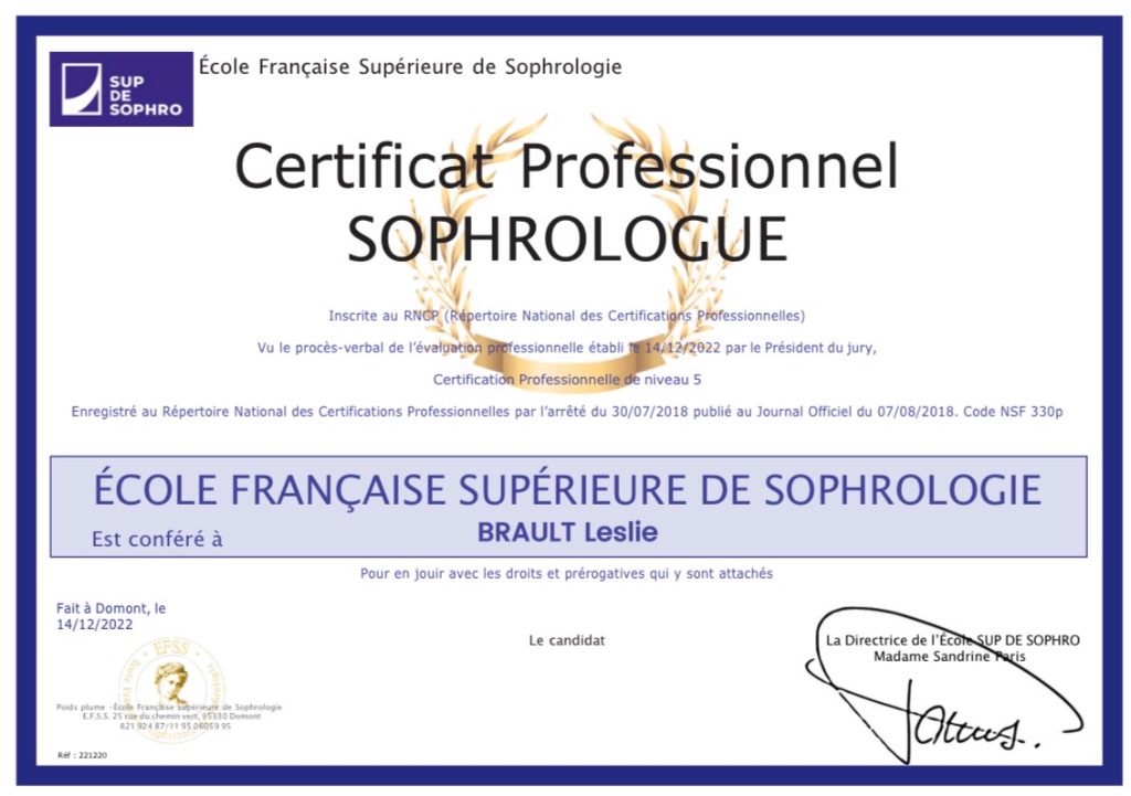 photo diplome Leslie Brault - La Sophro’émotion