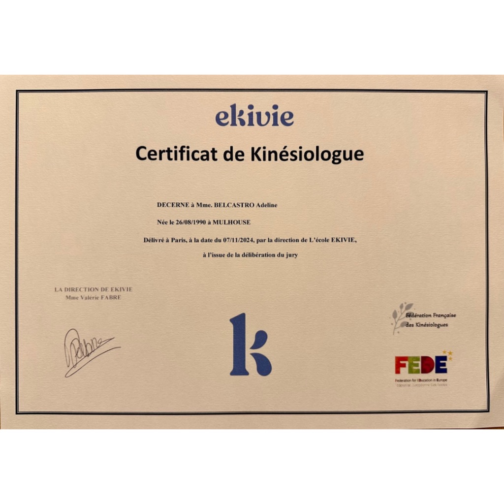photo diplome Adeline Belcastro - Praticienne en Kinésiologie 