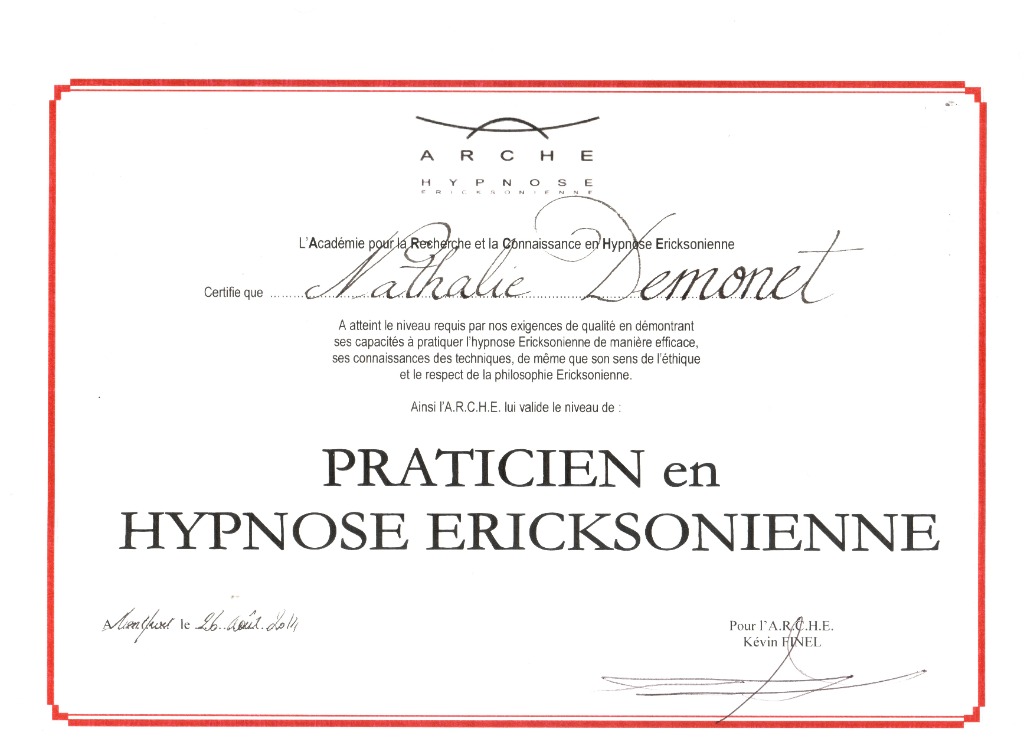 photo diplome Cabinet d’Hypnose Ericksonienne