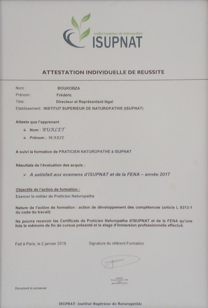 photo diplome Marie BURLET Praticienne de santé