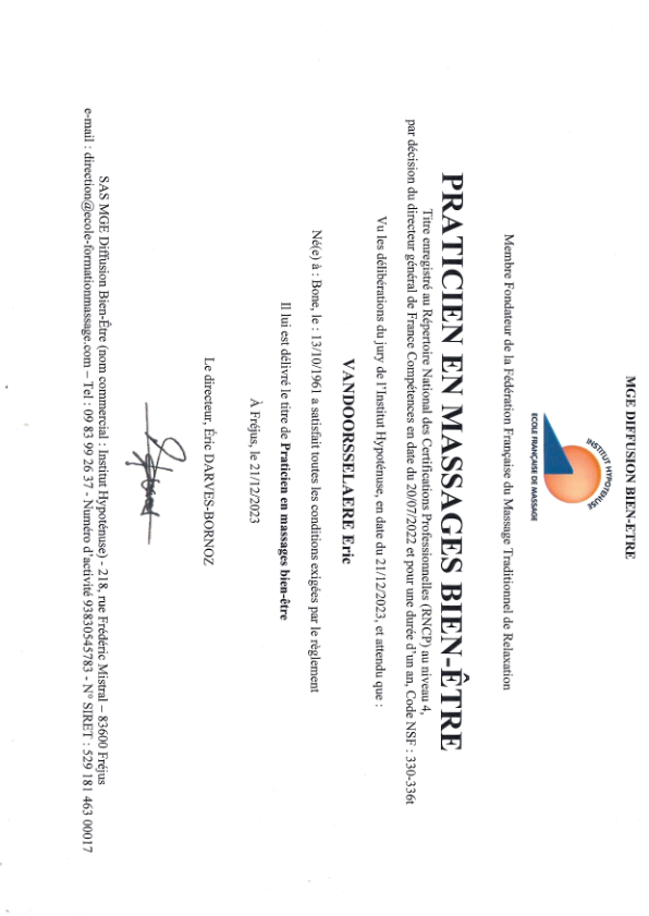 photo diplome Eric Van Tournus le massage en Bourgogne