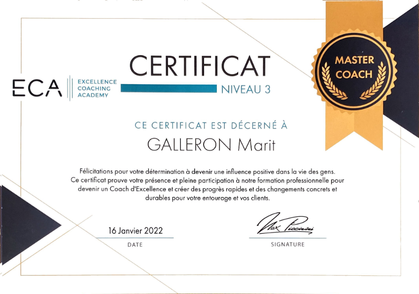 photo diplome Marit Coaching (chez Cosens)