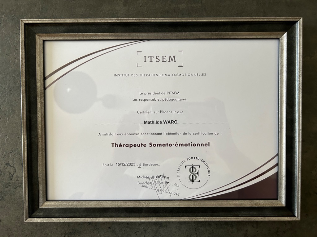 photo diplome Mathilde WARO Thérapeute Somato Emotionnelle (TSE)