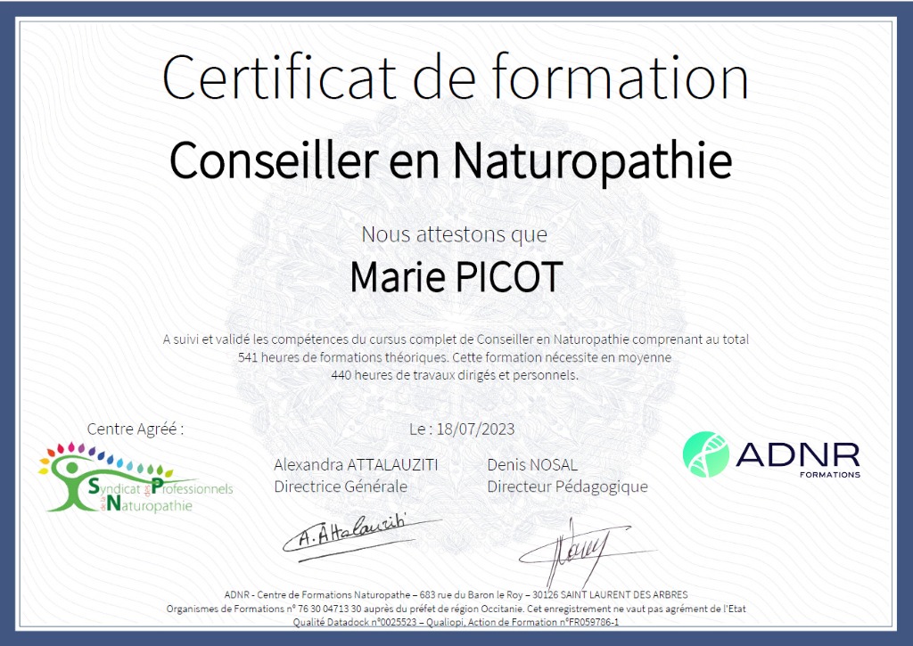 photo diplome Marie Picot Au Souffle de Vie