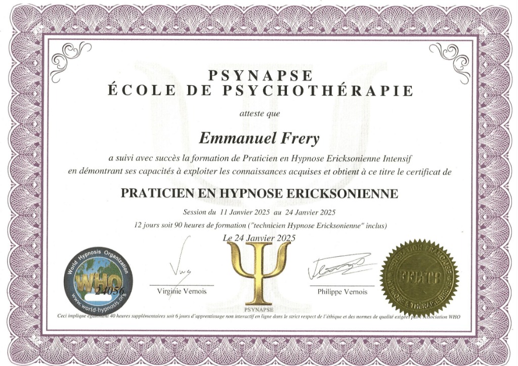 photo diplome Emmanuel Fréry - coach certifié & hypnothérapeute